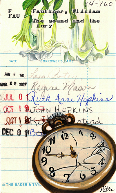 Heidi Pitre illustrates William Faulkner on vintage library card for Mississippi literature. southern lit