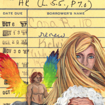 Heidi Pitre illustration of A Wrinkle in Time on vintage library card.