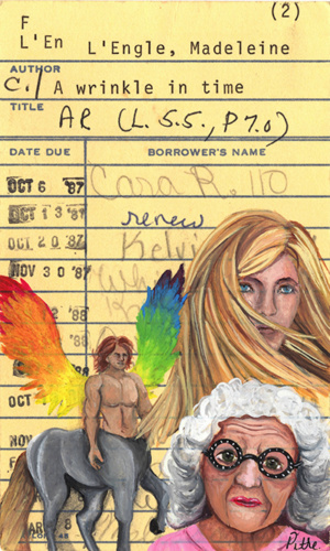 Heidi Pitre illustration of A Wrinkle in Time on vintage library card.