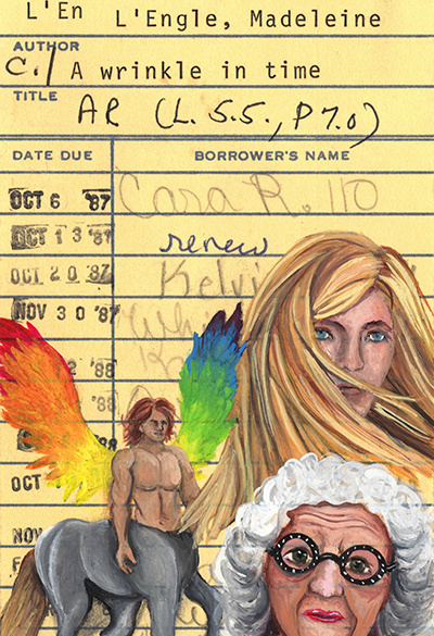 Madeleine L’Engle’s “A Wrinkle in Time” Upcycled Library Card Print (Gouache)