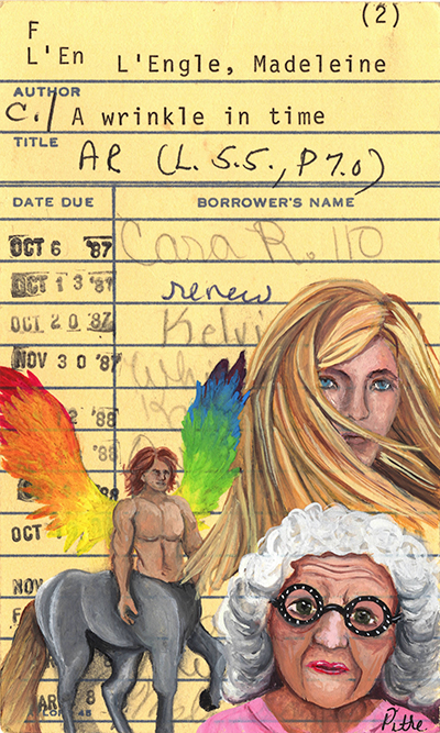 Heidi Pitre illustration of A Wrinkle in Time on vintage library card.