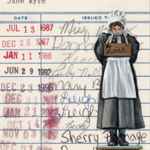 Heidi Pitre illustration of Jane Eyre on vintage library card.
