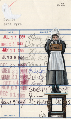 Heidi Pitre illustration of Jane Eyre on vintage library card.