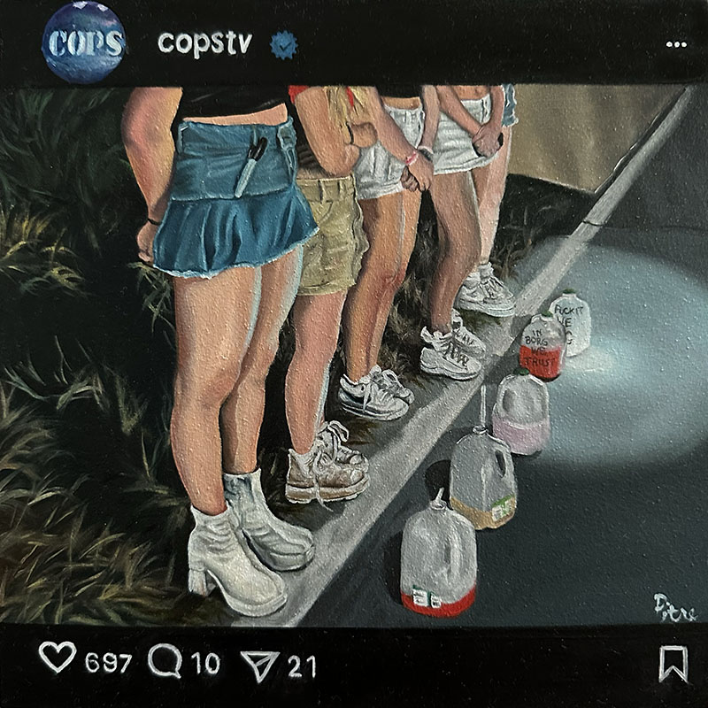 Heidi Pitre painting based off of the COPS TV show Instagram account showing five girls being detained with five BORGS in front of each of them.