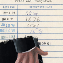 Heidi Pitre illustration of The Flex from Pride and Prejudice on vintage library card.