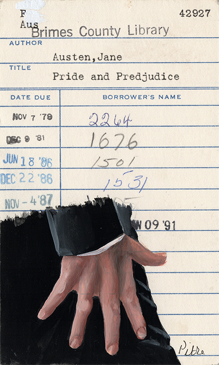 Heidi Pitre gouache illustration of The Flex from Pride and Prejudice on vintage library card