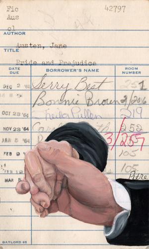 Heidi Pitre gouache illustration of Pride and Prejudice on vintage library card