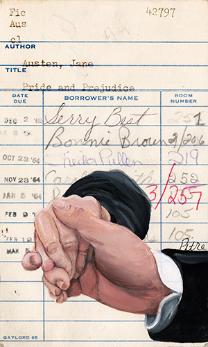 Heidi Pitre illustration of Pride and Prejudice on vintage library card.
